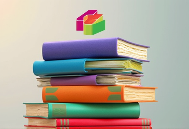 A collection of colorful books arranged in a visually appealing stack with the BookInsight logo hovering above them, representing knowledge and accessibility