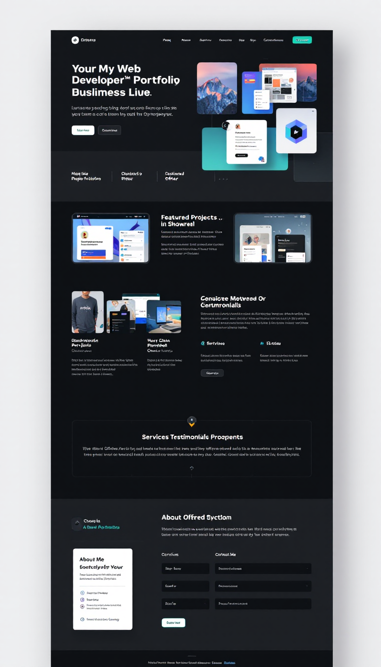 Create a modern, clean one-page landing portfolio for a web developer. Include sections for featured projects, a showreel, client testimonials, services offered, an 'about me' section, and a contact form, all with engaging visuals and easy navigation.