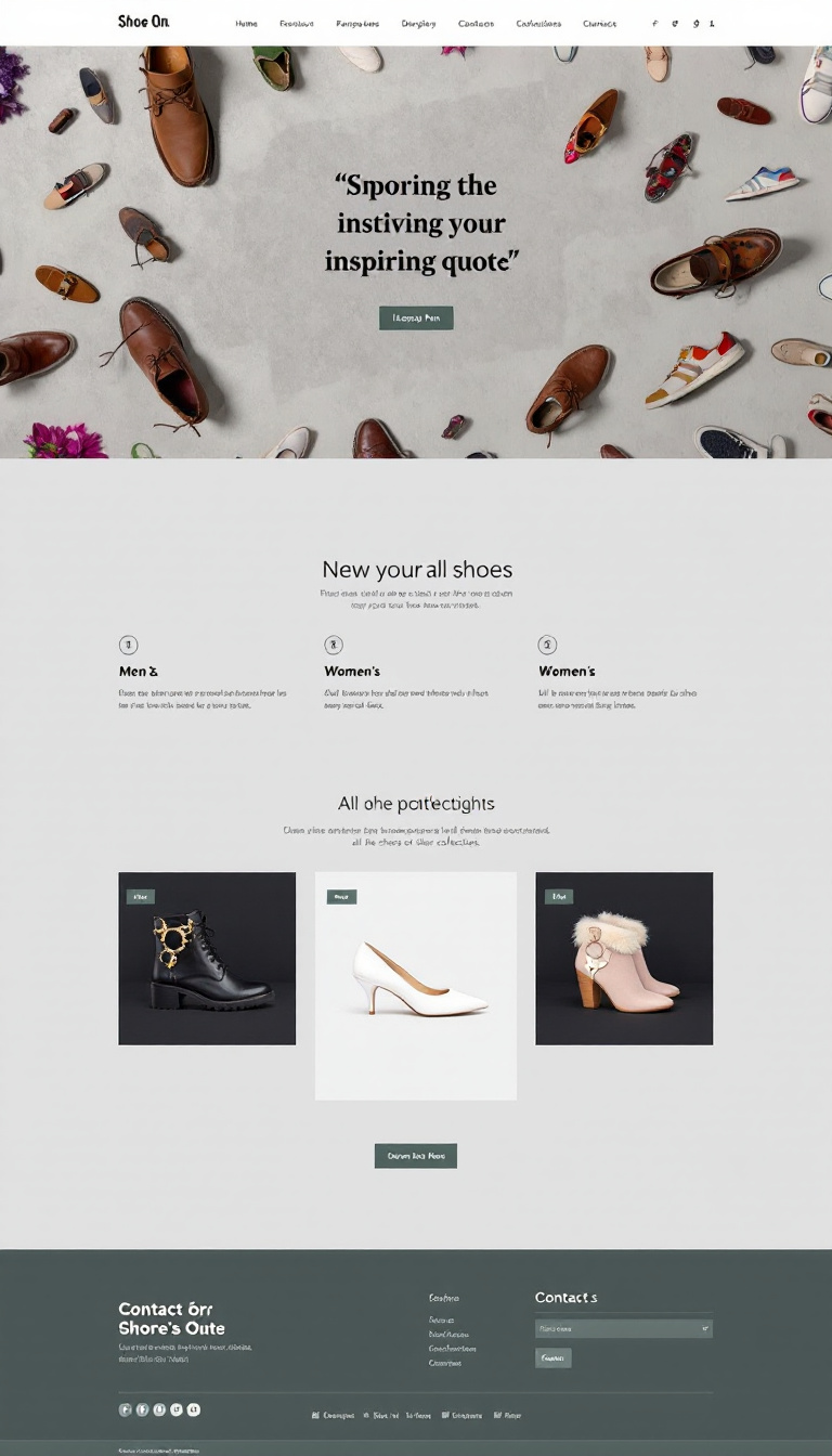 Create a one-page website for "Shoe On" featuring a shoe-themed background, an inspiring quote, sections for men's and women's shoes, a spotlight display of all shoe collections, and a contact information section at the bottom.