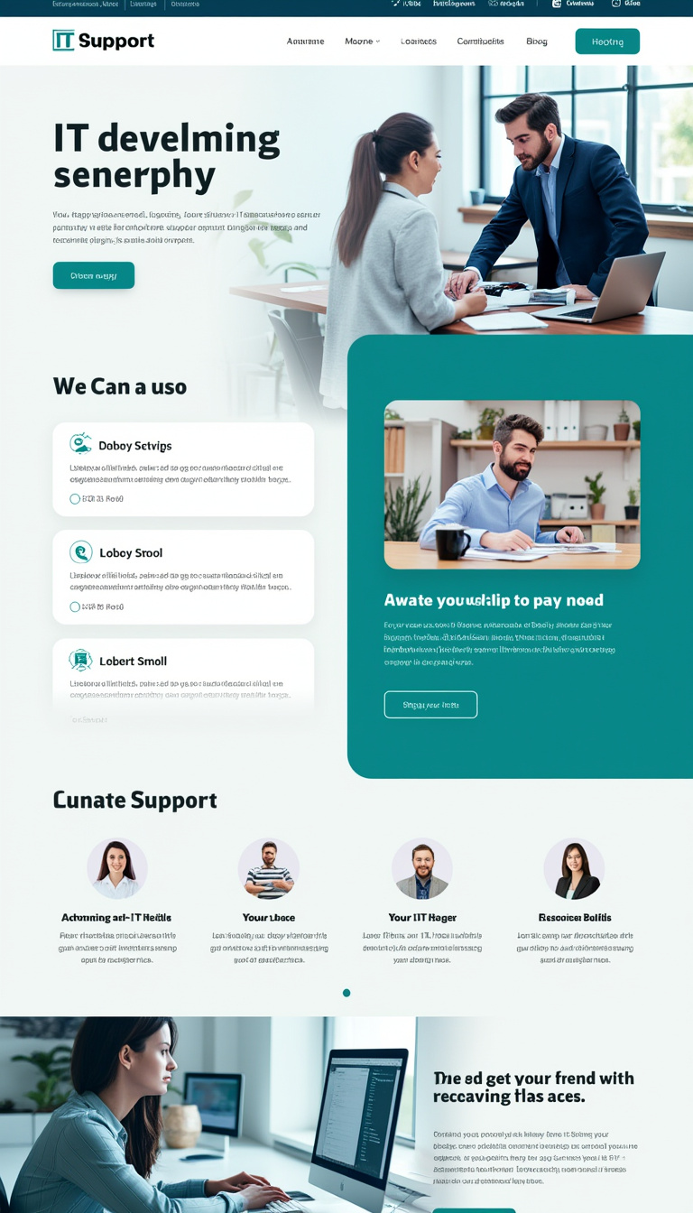 Design a simple and clean one-page website for an IT Support business, featuring a sleek layout, clear navigation, and sections highlighting services, contact details, and customer testimonials. Use a professional color scheme and modern typography for a polished look.