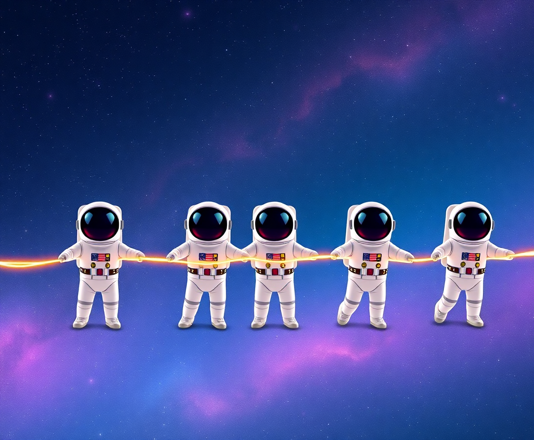 a line of astronaut characters holding a glowing rope across a galactic background, symbolizing unity in the coinmunity