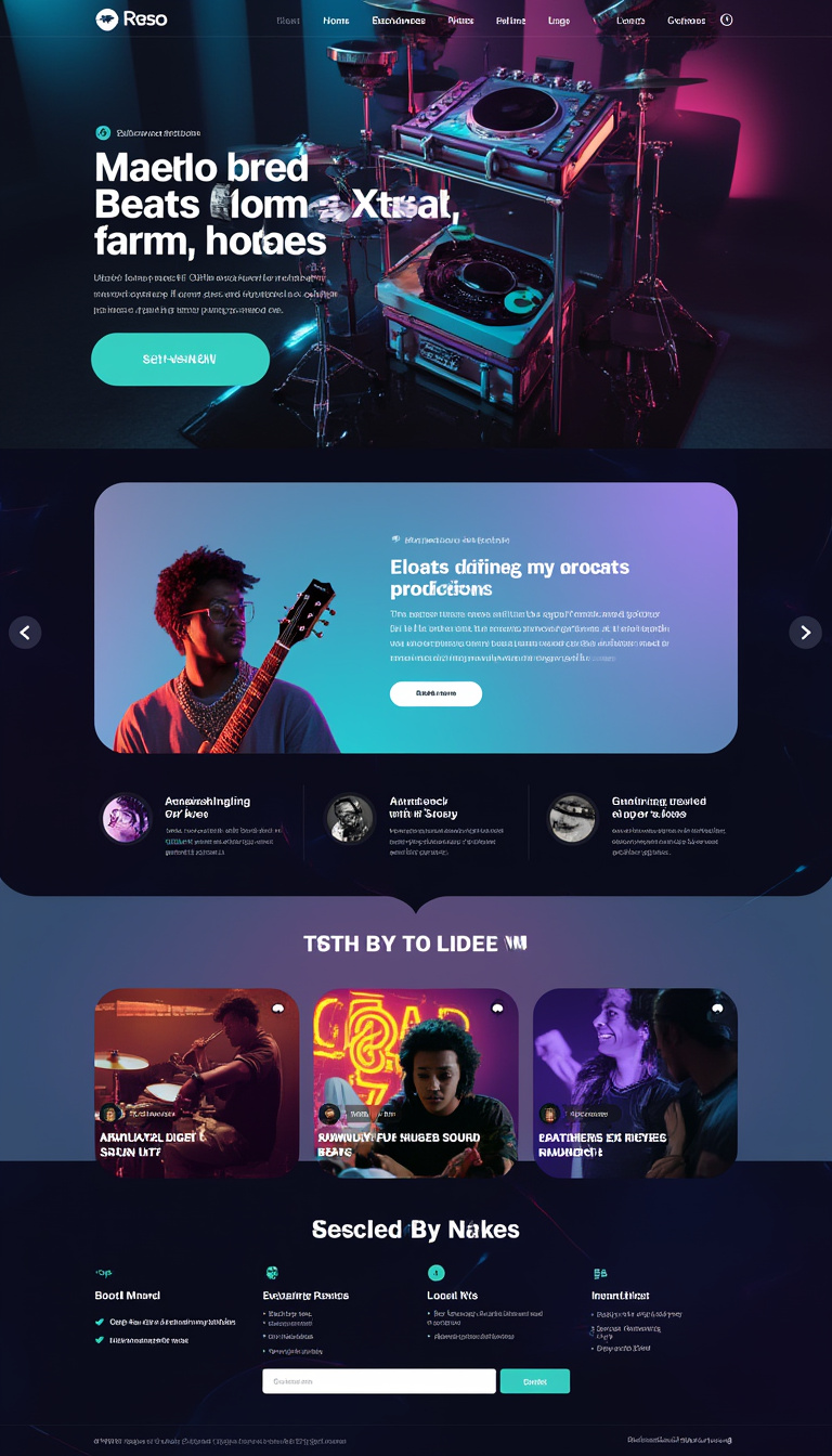 Design a sleek one-page website for selling beats, sound kits, and drum kits, featuring a modern layout and a cool color scheme. Incorporate vibrant visuals and easy navigation to enhance the user experience.