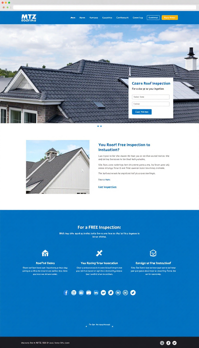 Design a one-page website for MTZ Roofing with a blue, white, and black color scheme. The homepage should feature an image of a roof installation and include a prominent link for a free inspection.