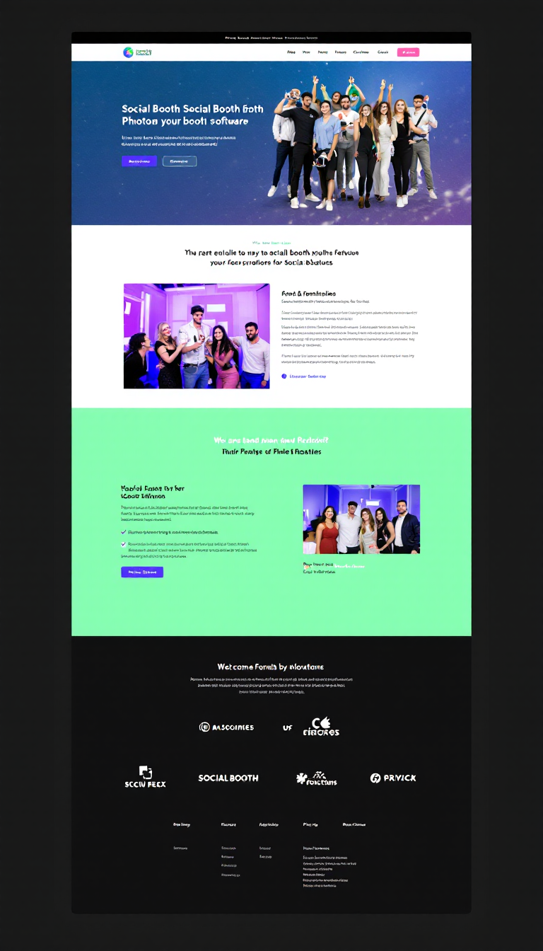 Design a simple one-page website for Social Booth photo booth software, featuring a sleek layout with vibrant visuals and a clear call-to-action. Include sections for product features, user testimonials, and pricing information.