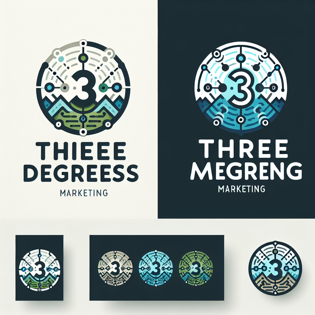 Design a clean and professional logo for 'Three Degrees Marketing,' a digital marketing company. The logo should emphasize themes of technology, connectivity, and growth without referencing winter, cold temperatures, or the number 3 as a degree measurement. Use a modern, sleek font and incorporate elements like abstract shapes, digital network patterns, or subtle nods to analytics and marketing. Favor a color palette with blues, greens, or neutral tones that evoke trust, innovation, and professionalism. Ensure the design is simple and adaptable for use on websites, business cards, and digital platforms.