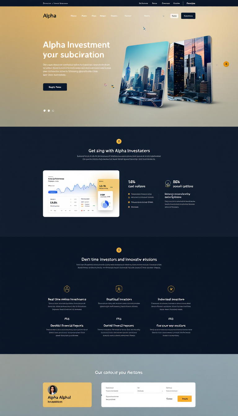Design a modern, one-page website for Alpha Investment that highlights its subsidiaries, financial performance, and innovative missions. Include features like real-time stock data, an interactive investment dashboard, detailed financial reports, FAQs, and secure payment options, targeting individual investors and the general public.
