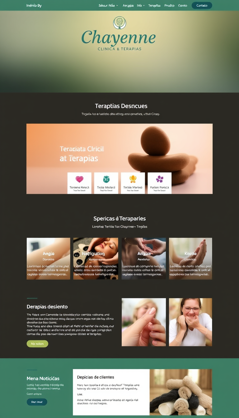 Crie um site moderno e acolhedor para a "Chayenne Clínica e Terapias", com um menu de navegação que inclua Início, Sobre Nós, Terapias, Agendamento, Produtos e Contato. O design deve apresentar um banner destacando as terapias oferecidas, uma seção de destaques, depoimentos de clientes e uma área para notícias e artigos sobre eventos e terapias.