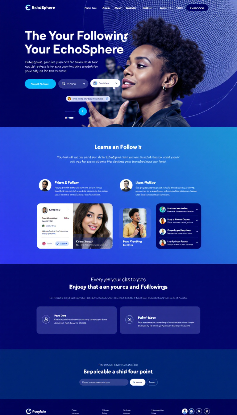 Design a one-page website for EchoSphere, a social network for young adults aged 18-25. It should have a modern, clean layout with light blue colors, featuring user profiles, chat functionality, friend-following options, and post notifications.