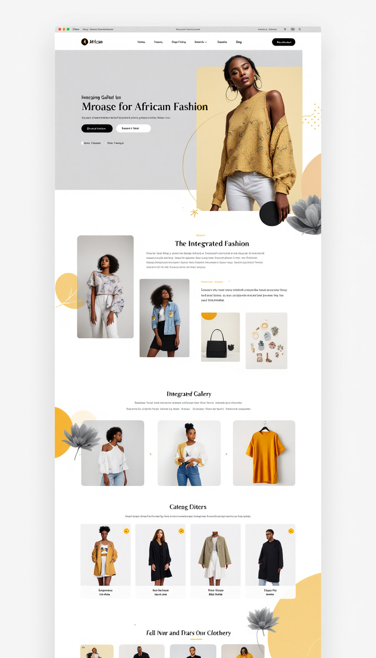 Design a one-page website for an African fashion shop featuring a clean white background with gold and black accents. Include an integrated gallery for browsing clothing items organized into categories.