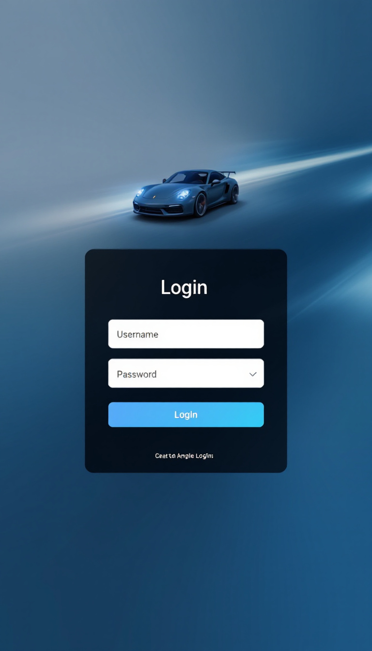 Design a simple one-page login form with a car theme. Include a sleek background of a sports car and fields for username and password, along with a prominent login button.
