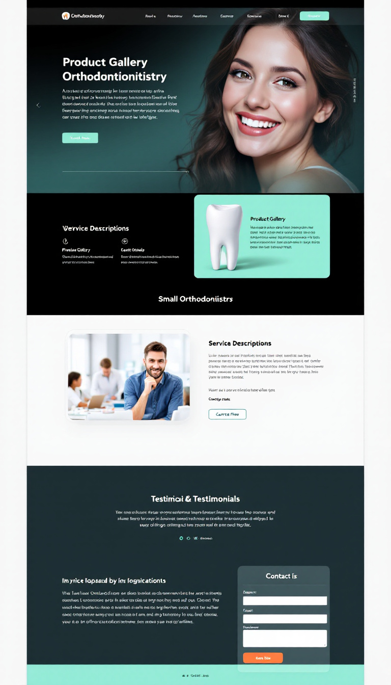 Design a one-page website for a small orthodontistry business, featuring a product gallery, service descriptions, testimonials, and a contact form. Use a professional and clean layout with neutral colors, emphasizing blues, greens, and greys.