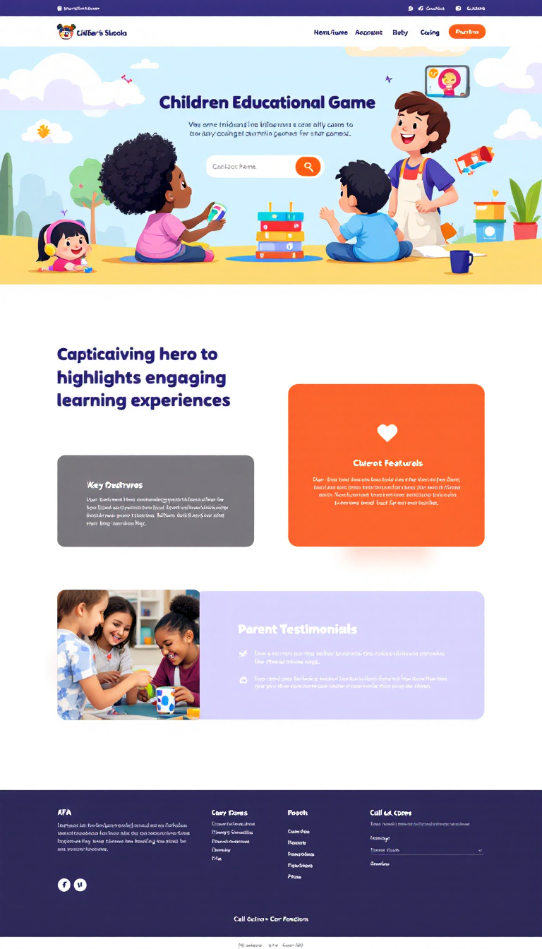 Create a simple one-page website for a children’s educational game that highlights engaging learning experiences. Include sections for a captivating hero title, a brief game overview, key features, parent testimonials, a call-to-action button, and an FAQ. Visual elements should showcase children actively participating in the game, conveying excitement and collaboration.