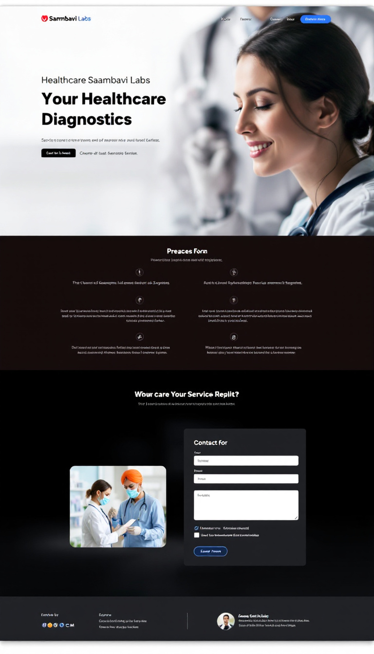Design a one-page website for Saambavi Labs, a healthcare diagnostics business. The site should feature a minimalist and professional layout, showcasing service descriptions and a contact form, ensuring easy navigation for both patients and healthcare professionals.