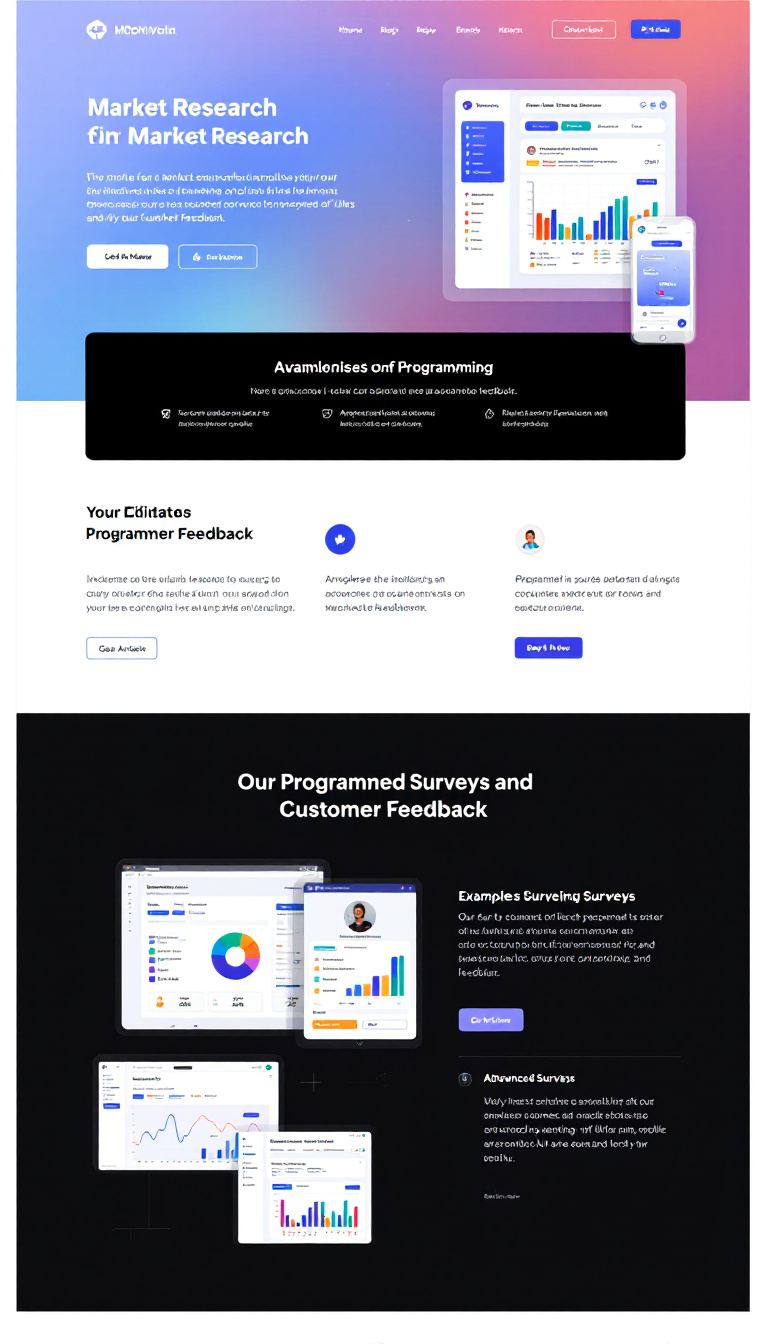 Design a sleek, one-page professional website that highlights our market research expertise in academic surveys and customer feedback. Include examples of programmed surveys showcasing advanced features like complex logic, mobile optimization, and data visualization.