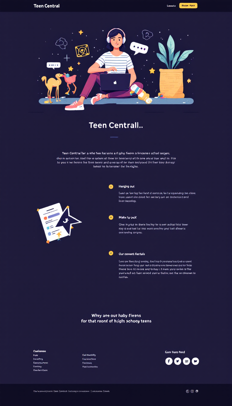 Design a one-page website for "Teen Central," a chatroom tailored for high school teens. The site should feature a vibrant atmosphere for hanging out, making friends, and direct messaging, while emphasizing safety and community guidelines.