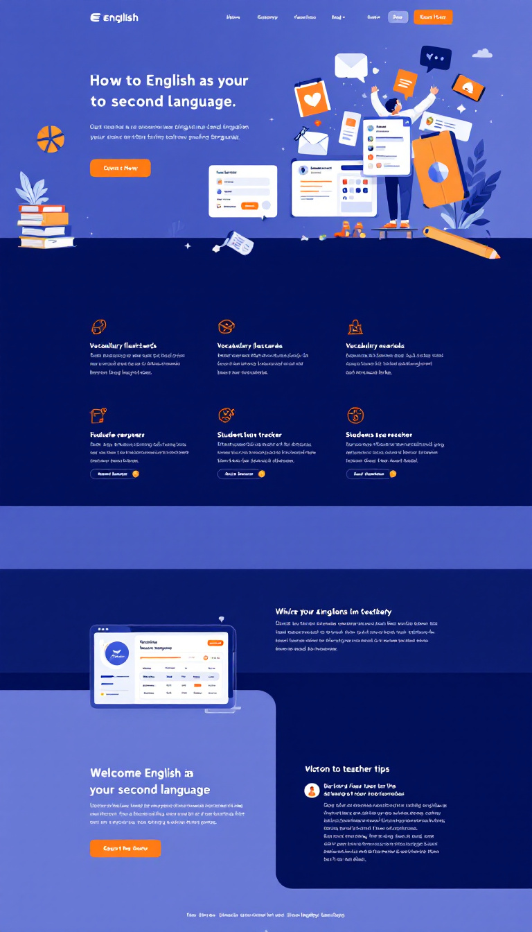 Create a modern, engaging one-page website for teaching English as a second language to beginners. The design should feature accessible navigation, interactive elements like vocabulary flashcards and grammar exercises, multimedia resources, a student progress tracker, and a section for teacher tips, all in a welcoming and user-friendly layout.