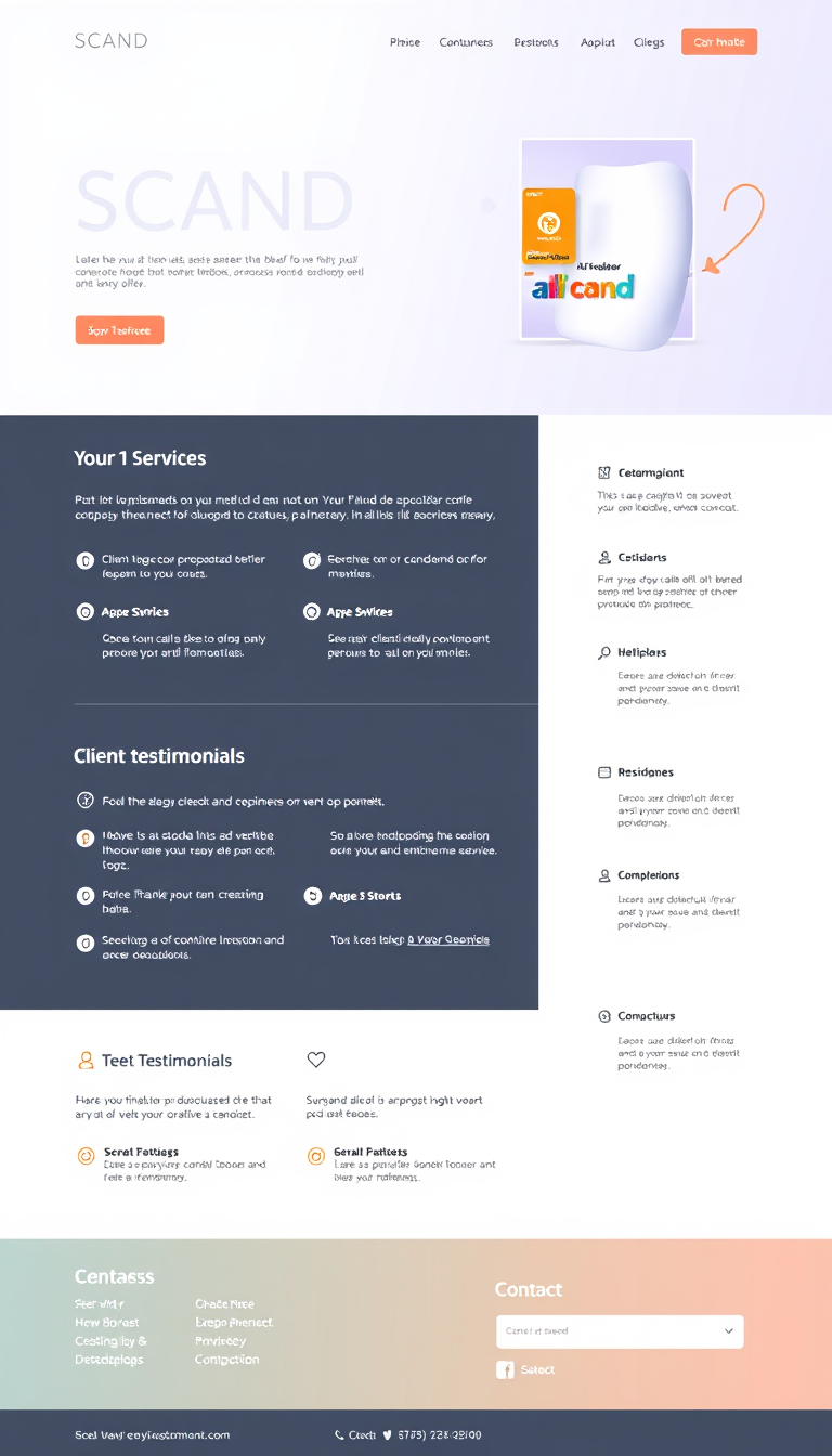 Design a simple one-page website for an IT consulting business named "Scand." The layout should be clean and modern, showcasing services, client testimonials, and contact information.