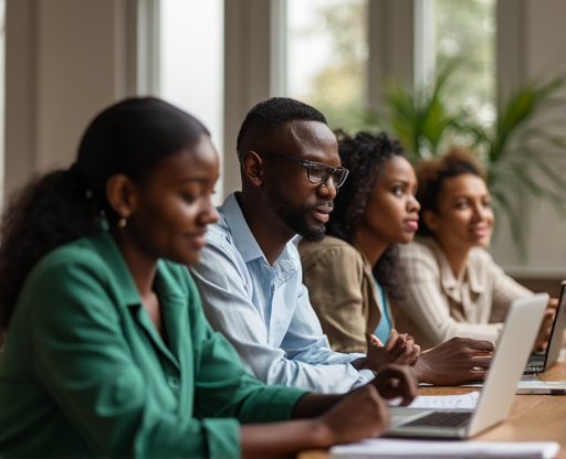 Tanzania AI Marketing team working collaboratively on AI marketing strategies with mixed races