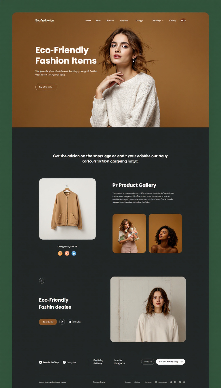 Design a one-page website for EcoFashionHub, showcasing eco-friendly fashion items. The modern, minimalistic layout should feature a product gallery, sections for product details, and social media links, targeting young adults aged 18-35.