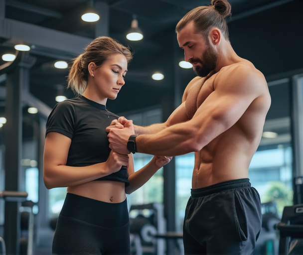 Professional personal trainer working with client in modern gym setting