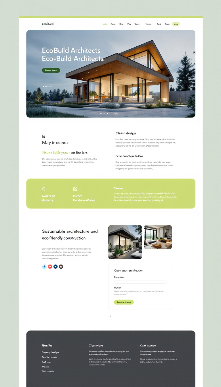 Design a modern, minimalistic one-page website for EcoBuild Architects, focusing on sustainable architecture and eco-friendly construction. Highlight clean design and user-friendly navigation, using a cohesive color palette and design elements that reflect green building practices.