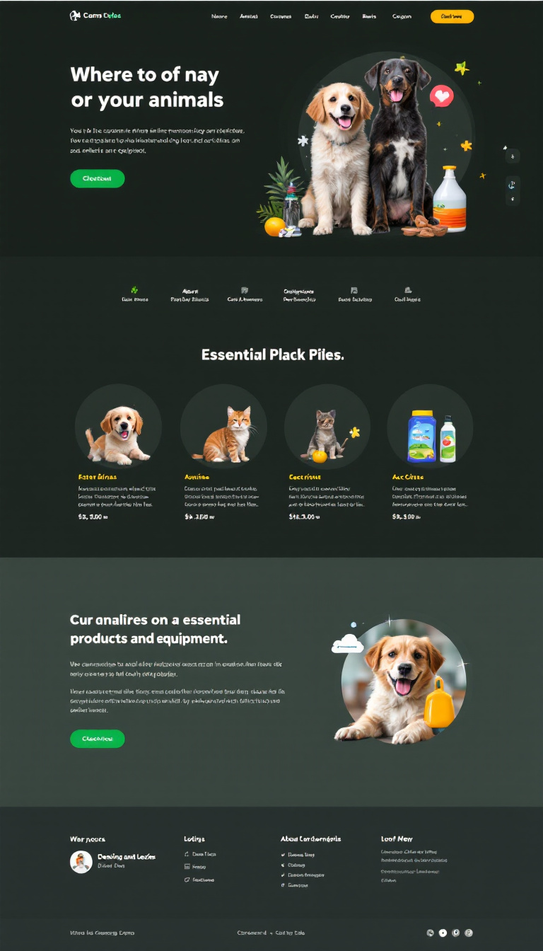 Design a simple one-page website where users can purchase animals, their vaccines, and essential products and equipment. The layout should be clean and user-friendly, featuring sections for different animal categories and a secure checkout process.