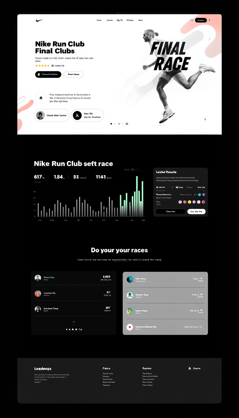 Design a one-page website that mimics the final results screen of the Nike Run Club app, showcasing race statistics with a sleek and modern interface. Include elements like distance, time, pace, and a leaderboard for visual appeal.