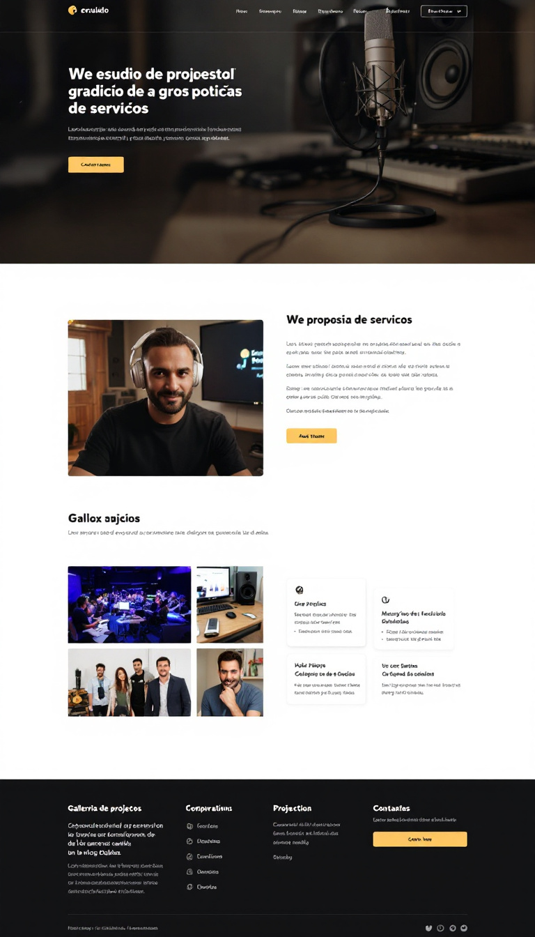 Crie um design para um site de uma estúdio de gravação de áudio, apresentando a proposta de serviços, uma galeria de projetos e informações de contato, tudo de forma simples e clean.