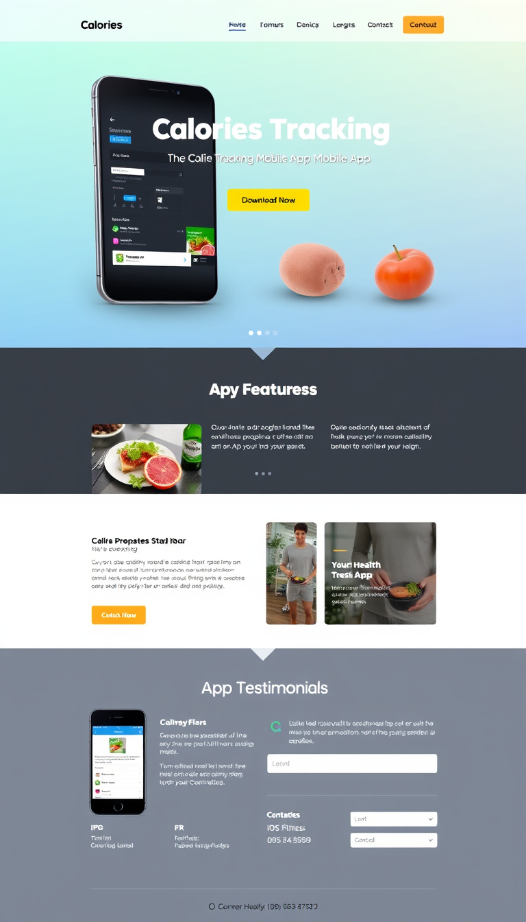 Design a modern single-page website for a "Calories Tracking Mobile App," featuring a captivating hero section with the app name and tagline, along with a "Download Now" button. Include sections for key features, app screenshots, user testimonials, download links for iOS and Android, and contact information, all reflecting a vibrant health and fitness theme with mobile responsiveness.