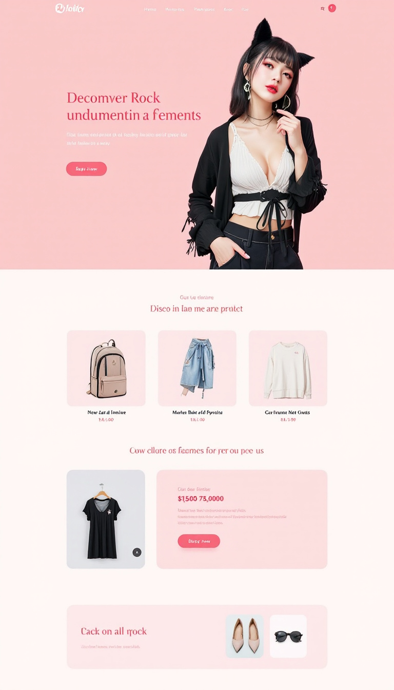 Diseña una página web sencilla y elegante dedicada a la indumentaria femenina inspirada en el anime y el rock, con un enfoque en la estética visual y la usabilidad. La página debe incluir imágenes llamativas y descripciones breves de los productos.