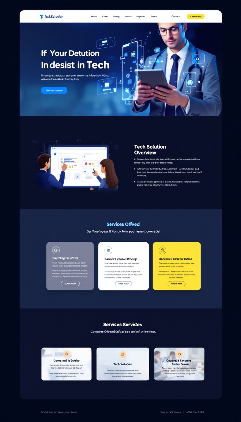 Design a clean, one-page website for "Tech Solution," an IT services company. Include sections highlighting the company overview, services offered, and contact information.