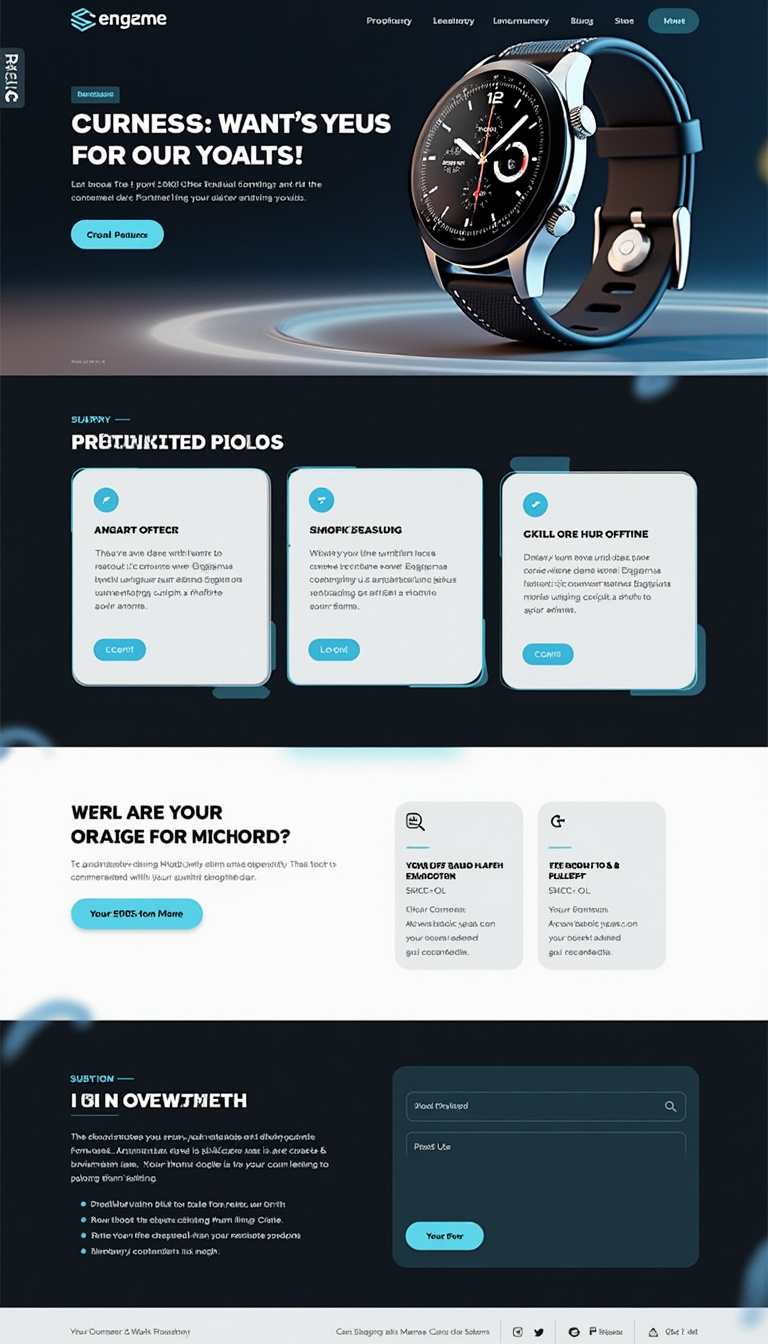 Create a sleek and modern one-page landing website to showcase and sell a smartwatch, featuring a prominent product image, key features, customer testimonials, and a clear call-to-action for purchasing. Use a clean design with a tech-inspired color palette.