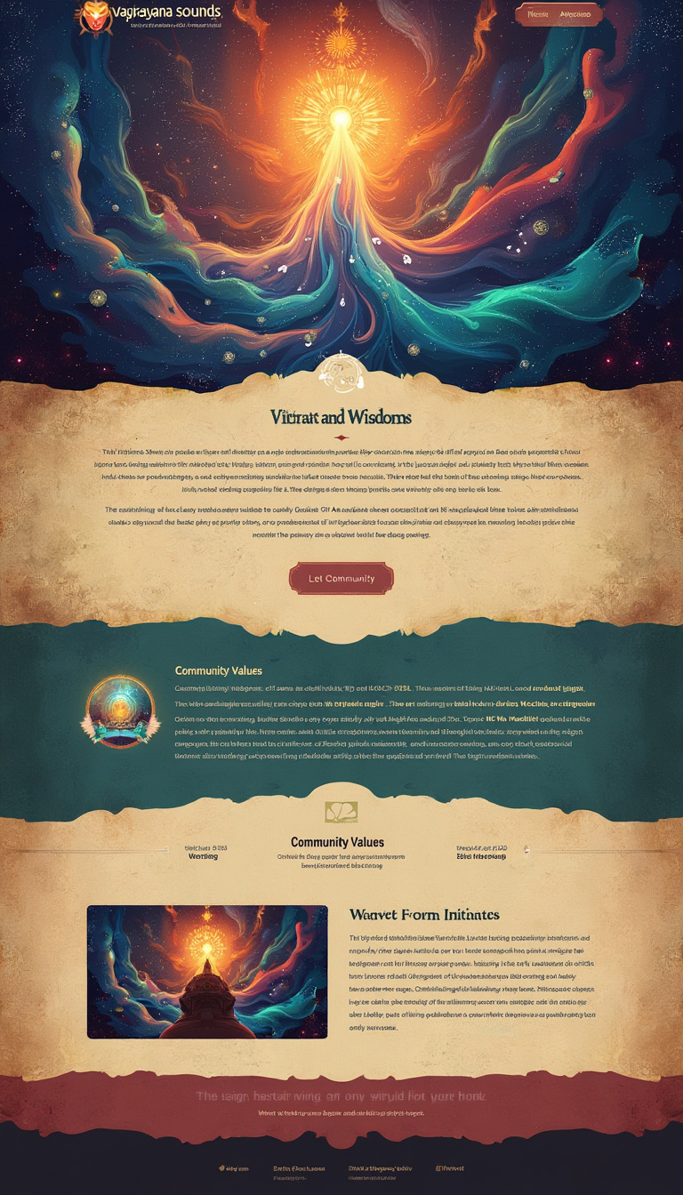 Design a simple one-page website for the Vajrayana Sounds Discord community, highlighting its focus on ancient wisdom and modern exploration of vibrational existence through sound. Include sections on community values, the Wave Form Initiates subgroup, and their innovative approach to translating the universe's music into visual experiences.