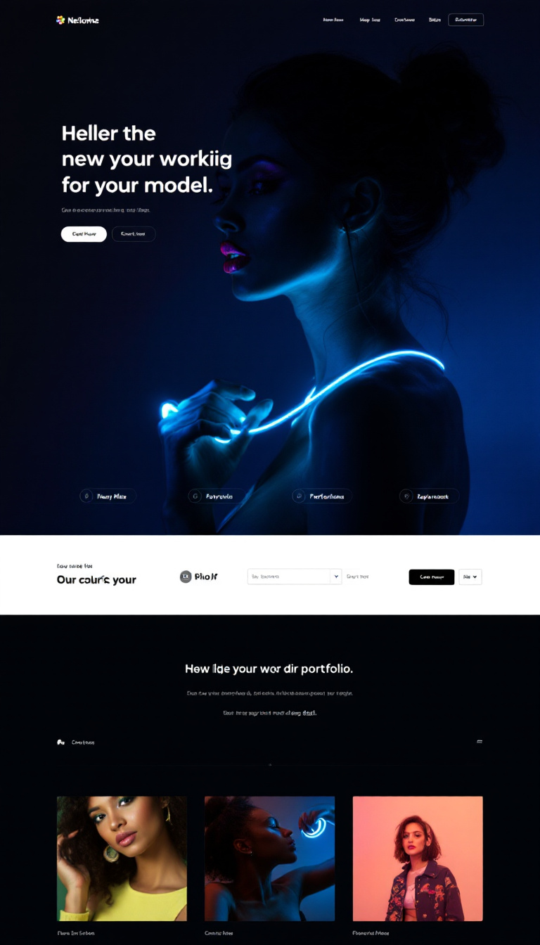 Design a one-page website featuring a model illuminated in neon blue light, showcasing her work with a clean and modern layout. Include vibrant visuals and an engaging aesthetic that highlights her portfolio effectively.