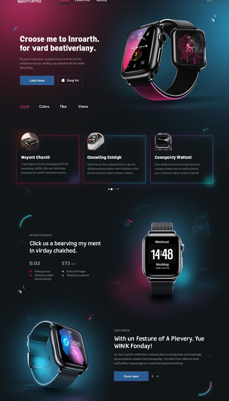 Design a one-page landing site for a smartwatch featuring a sleek dark mode with modern colors. Include simple animations for images and prominently display a "Click here to order" button in the center of the page.