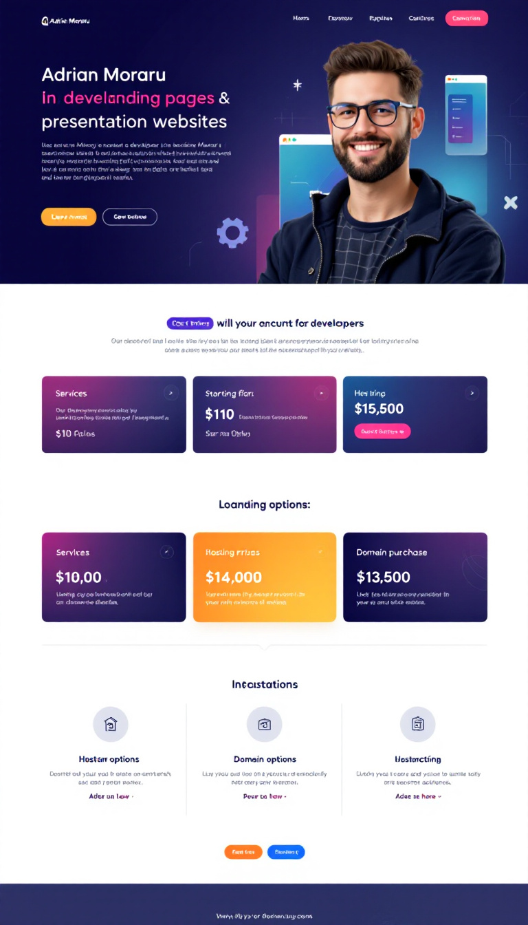 Design a one-page website for Adrian Moraru, a developer with 15 years of experience in creating landing pages and presentation websites. Include information about services, pricing starting from $10, hosting options, and domain purchase assistance.