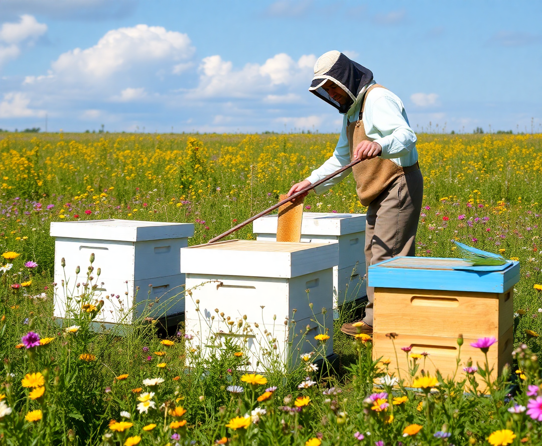 beekeeper tending to beehives in a lush field of wildflowers