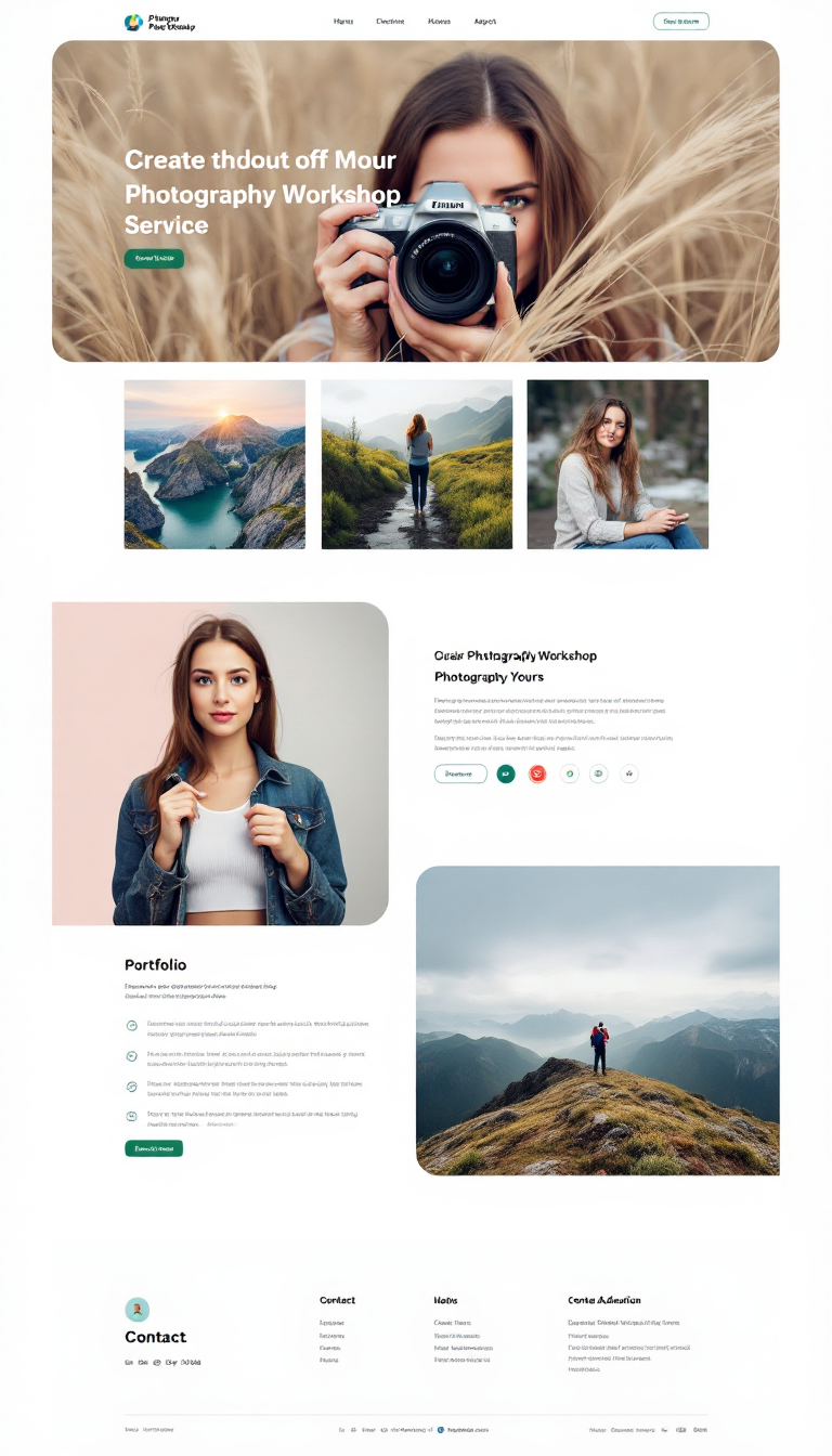 Create a simple, one-page website design for a photography workshop, highlighting the services offered, portfolio, and contact information. The layout should be clean and inviting, with a focus on visual elements.
