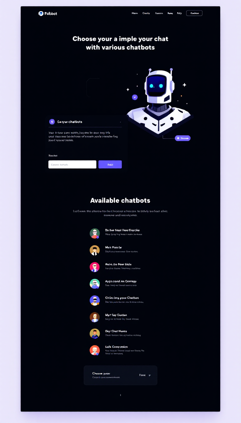 Design a simple one-page website where users can chat with various chatbots. The layout should be clean and user-friendly, featuring a main chat area and a list of available chatbots to choose from.