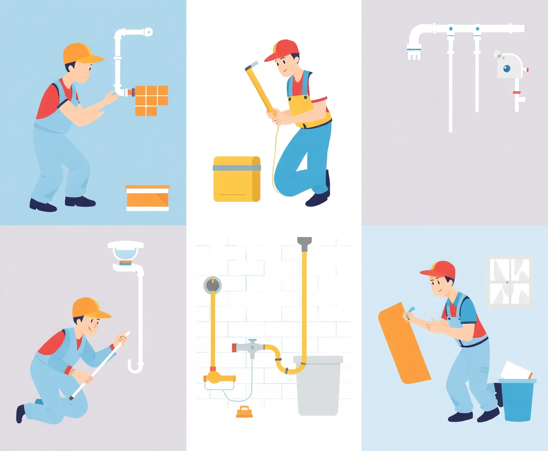 illustration showing plumbers working on various plumbing tasks