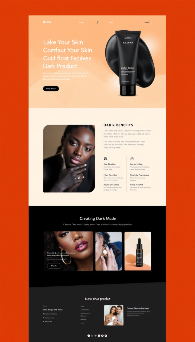 Create a sleek one-page landing site for a skin product, featuring a modern dark mode design. Highlight key product benefits and include a prominent call-to-action for purchases.