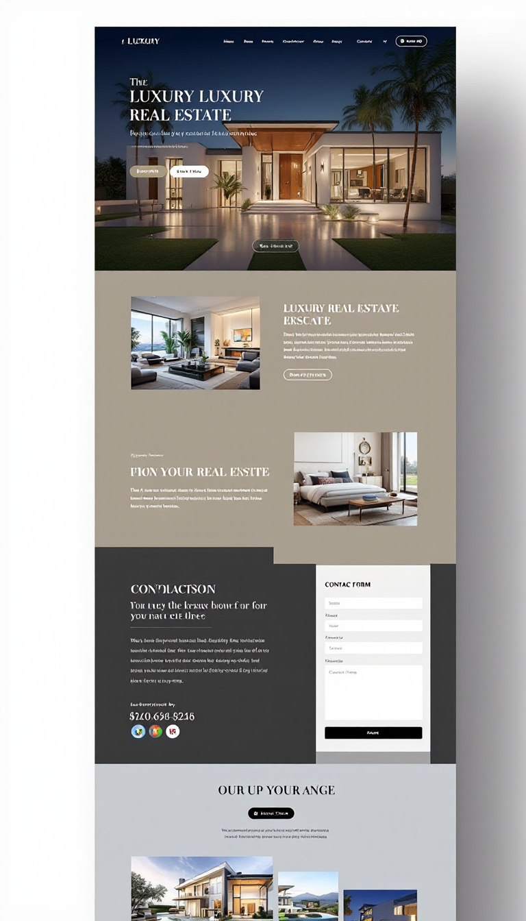 Design a one-page website for a luxury real estate business, featuring an elegant layout with high-quality images of properties, a sleek navigation bar, and a contact form. Use a sophisticated color palette and modern typography to convey a sense of upscale living.