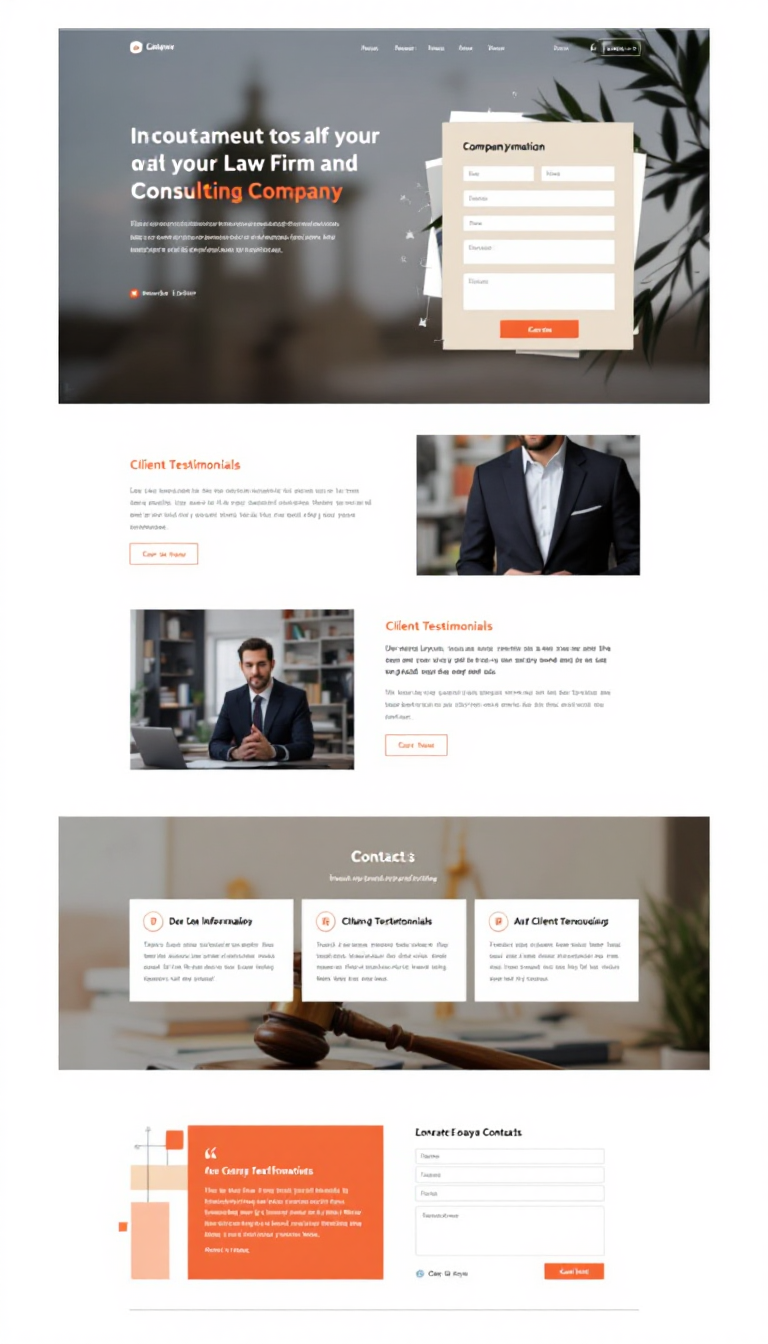 Create a simple one-page website layout for a law firm and consulting company, featuring sections for company information, client testimonials, and contact details. The design should be clean and professional, emphasizing ease of navigation.