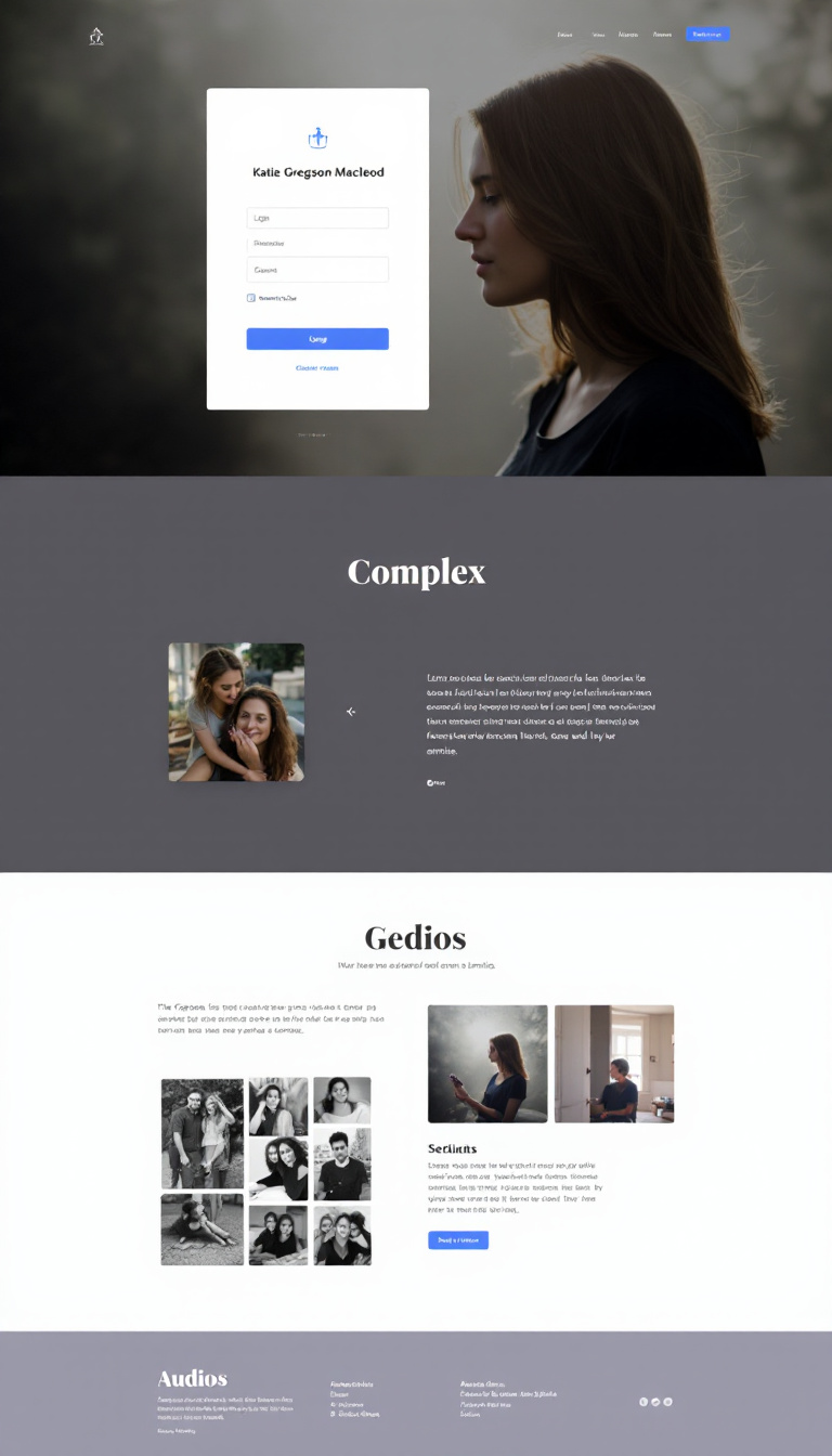 Crie um site de uma página com três seções: 1. Login com design escuro e sutilmente relacionado à música 'Katie Gregson Macleod - Complex'. 2. Galeria de imagens com poesias e um botão para ouvir música, além de uma cartinha interativa para mensagens de amigos. 3. Seção de áudios de amigos e família, cada um com imagem e contexto, mantendo um design simples e impactante.