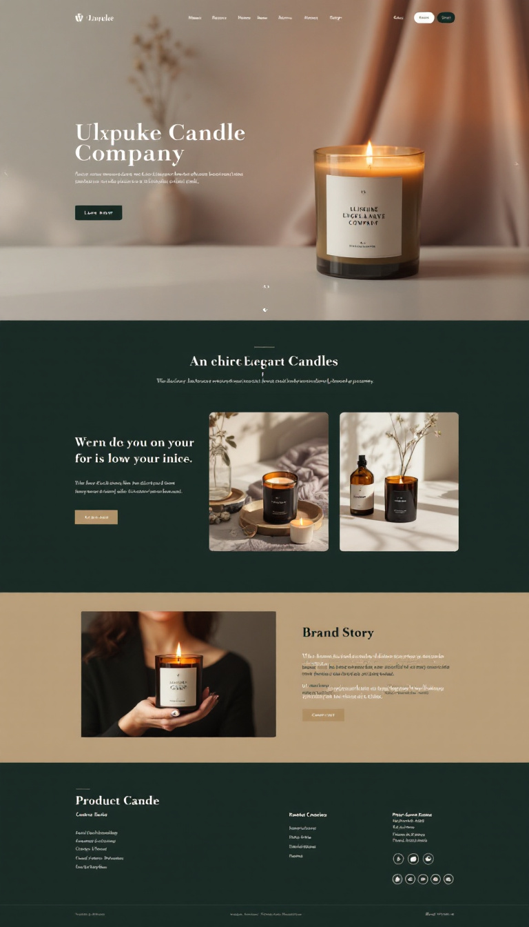 Design a simple and elegant one-page website for an upscale candle company, featuring a sophisticated layout, high-quality images of the candles, and a luxurious color palette. Include sections for product showcase, brand story, and contact information.