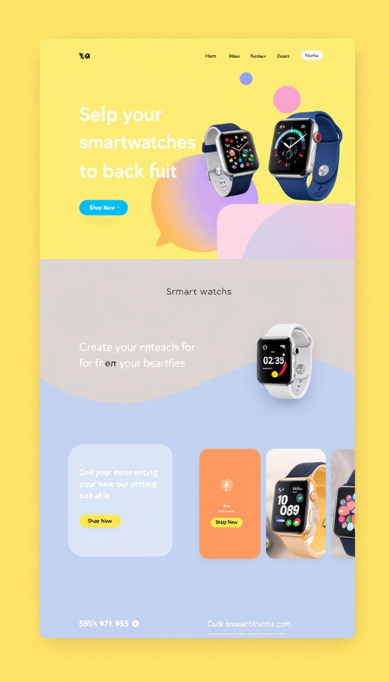 Create a modern landing page for selling smartwatches, featuring a vibrant color scheme and prominent "Shop Now" buttons. The design should be clean and visually appealing, highlighting the smartwatches on offer.