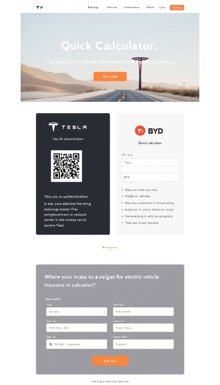 Design a one-page electric vehicle insurance website featuring a quick calculator with two tabs: Tesla and BYD. Include a QR code for authentication, a Tesla login field in the Tesla tab, and three vehicle detail fields for the BYD tab.