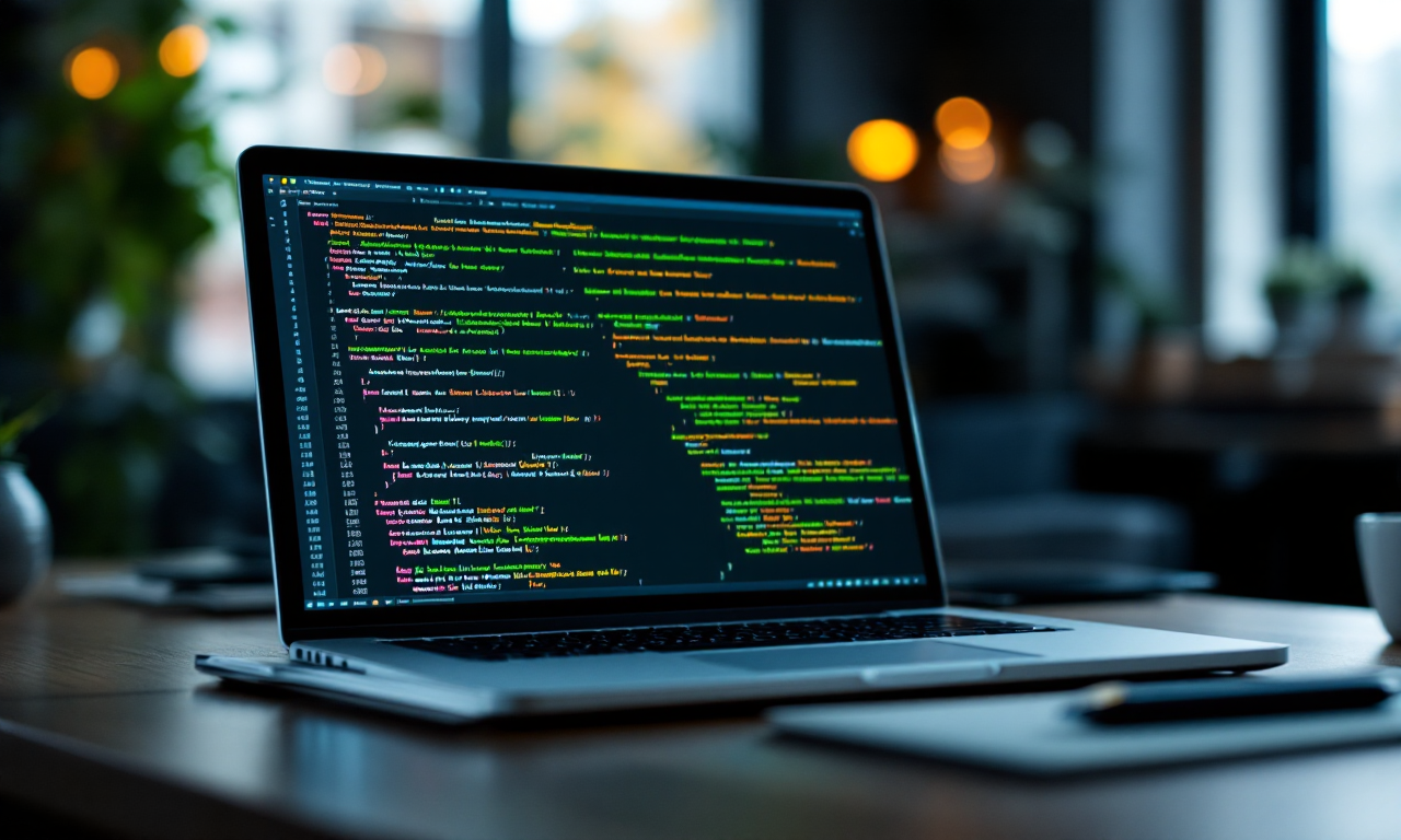 a laptop in an office with code on screen, abstract