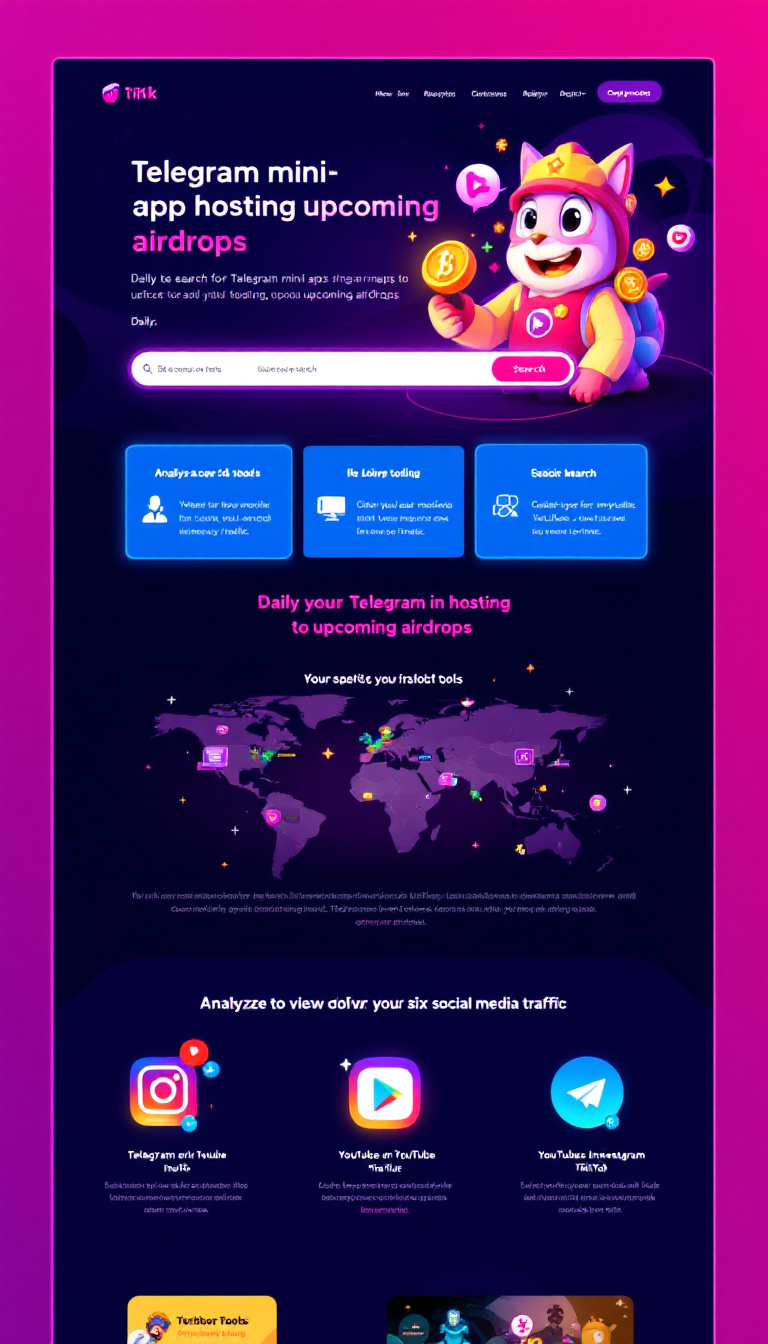 Design a vibrant neon-themed one-page website that features a daily search for Telegram mini apps hosting upcoming airdrops. Include a section showcasing 20 unique tools for analyzing social media traffic, covering Telegram, YouTube, Instagram, and TikTok.