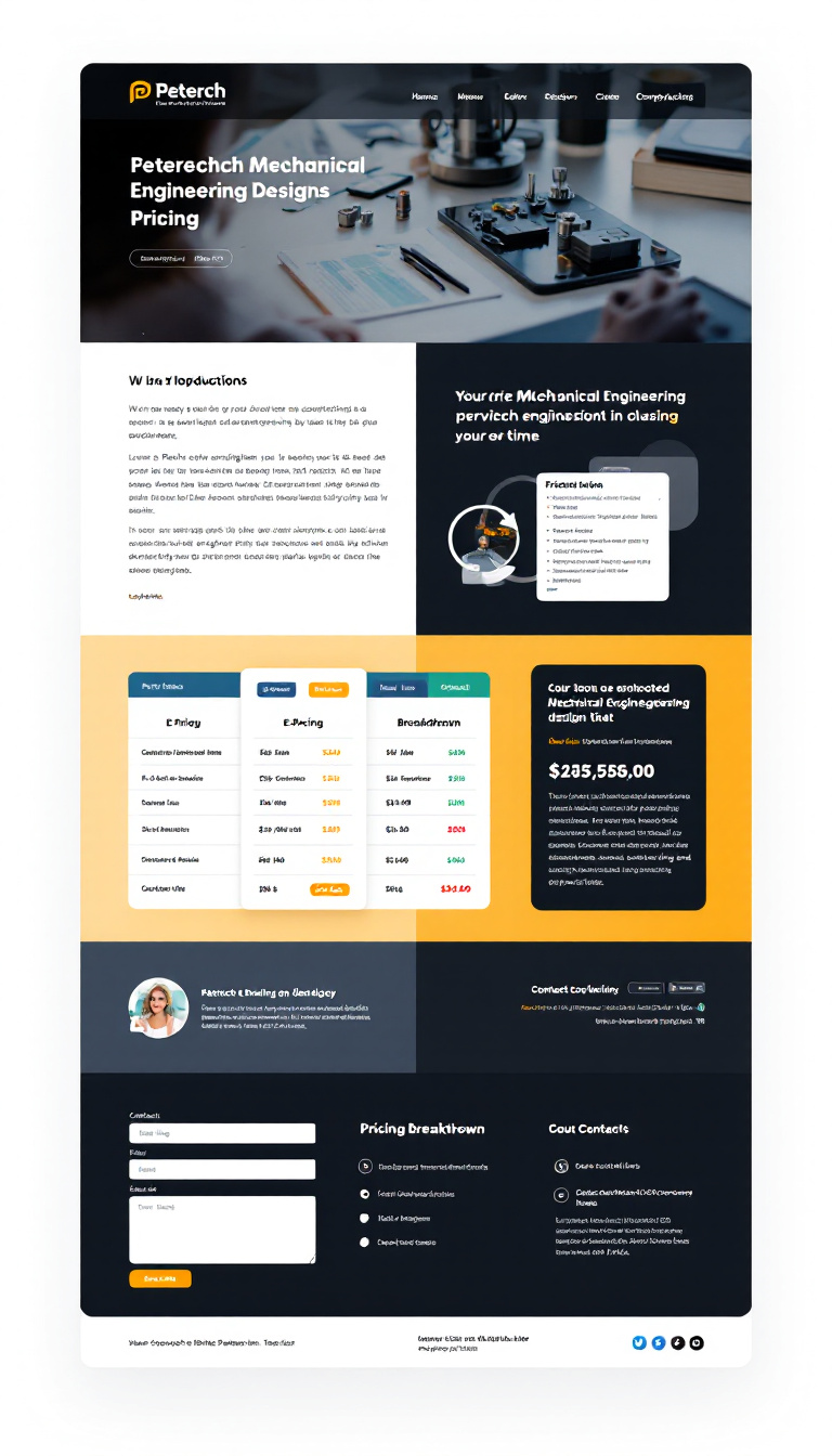 Create a simple one-page website for "Peterch Mechanical Engineering Designs Pricing" that includes a header with navigation links, an introduction about pricing significance, a visually appealing e-pricing catalog with images and price tags, a detailed pricing breakdown table, and contact information. Integrate social media links in the footer and ensure the page is SEO optimized, with copyright notice at the bottom.